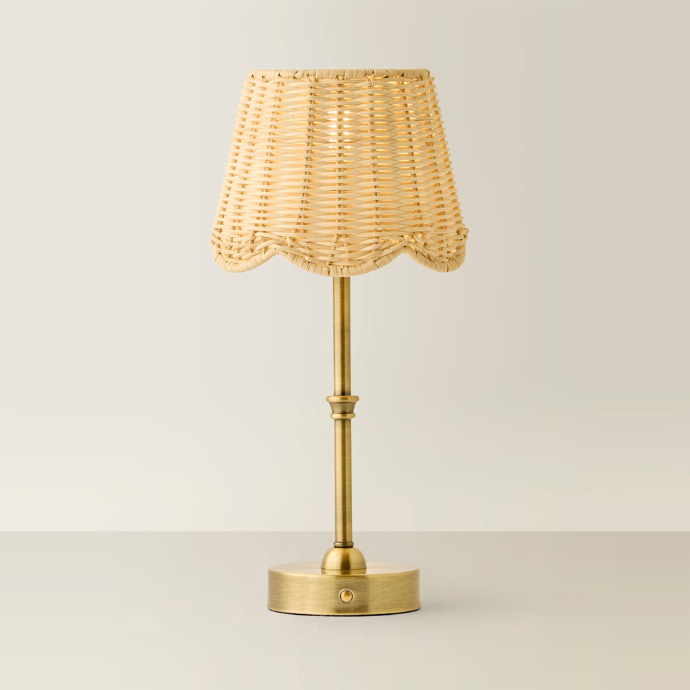ValueLights Lowe Natural Rattan Taper Shade Brushed Gold Rechargeable Table Lamp with Bulb Image 3