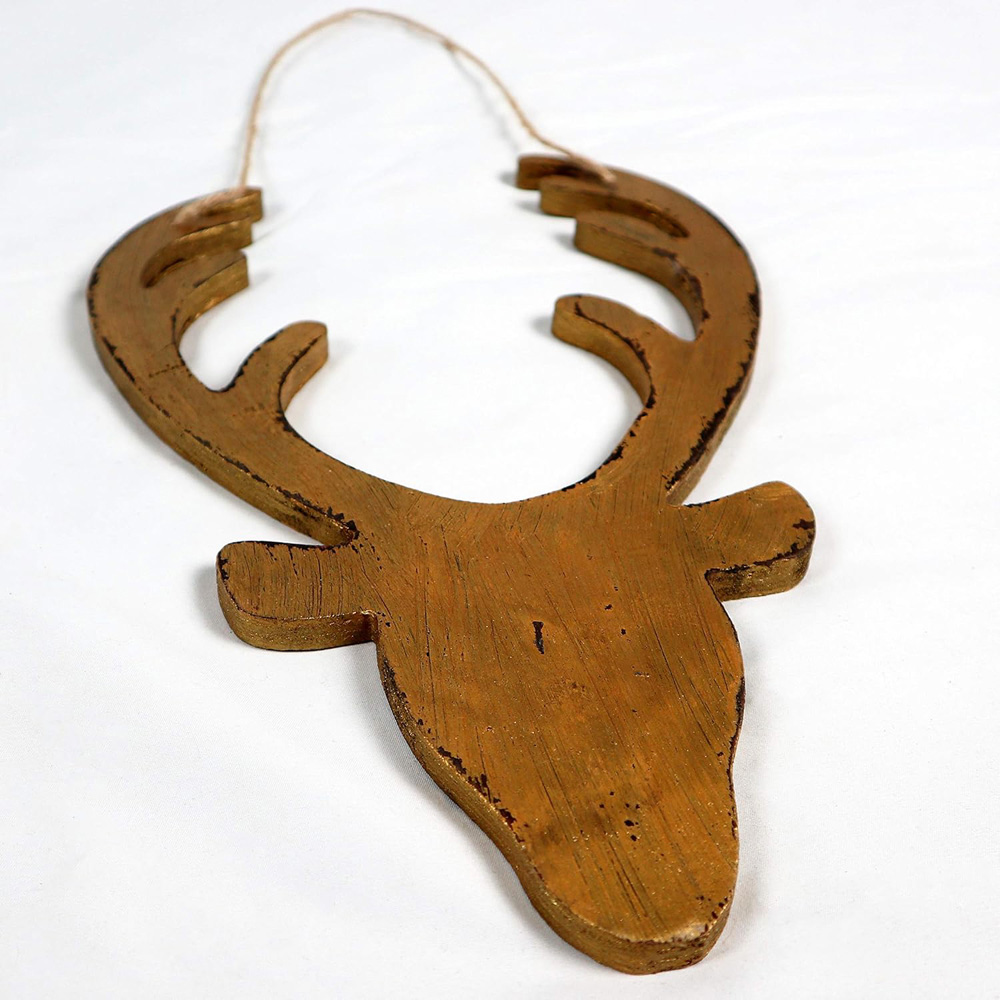 Shatchi Golden Deer Head Wooden Hanging Christmas Decoration 26cm Image 4