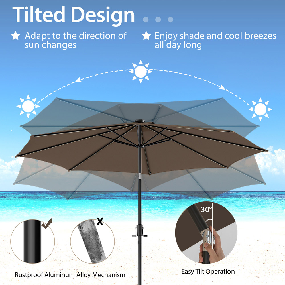 Costway Tan Crank Handle Tilting Parasol with 112 Solar Powered LEDs 3m Image 3