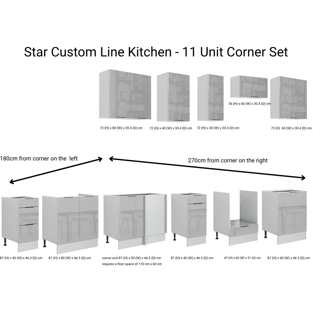 Impact Furniture Star Light Grey Gloss L Shaped Kitchen Corner Cabinet Set of 11 Image 9