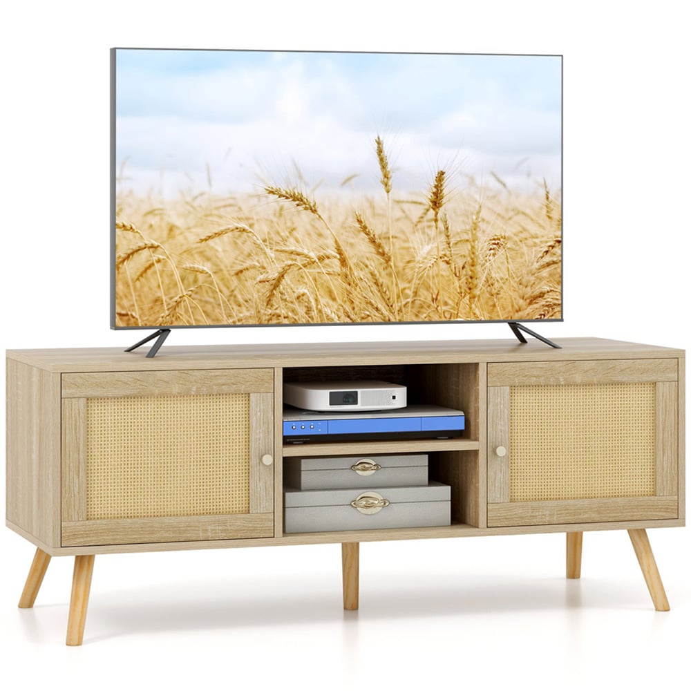 Costway 2 Door 2 Shelf Boho PE Rattan TV Stand Image 2