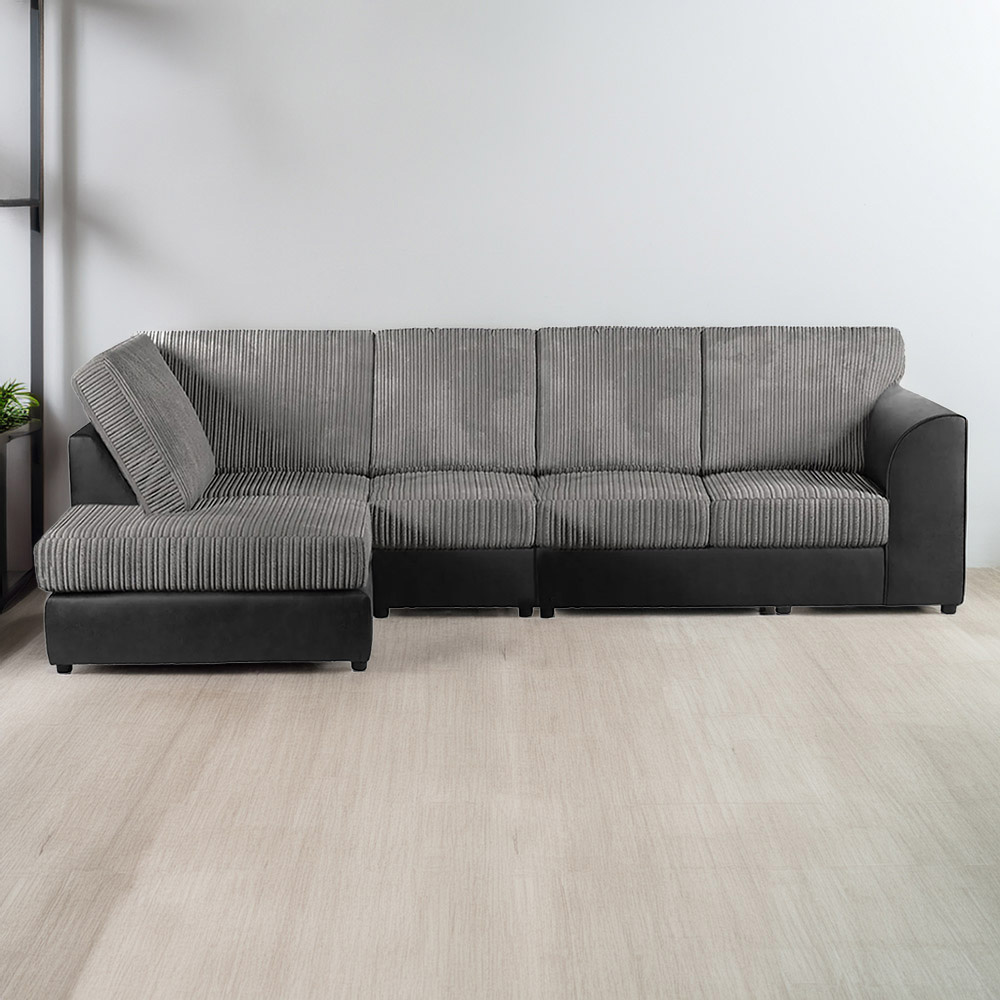 Luxor 4 Seater Black and Grey Jumbo Cord Left Hand Facing Full Back L Shaped Corner Sofa Set Image 1