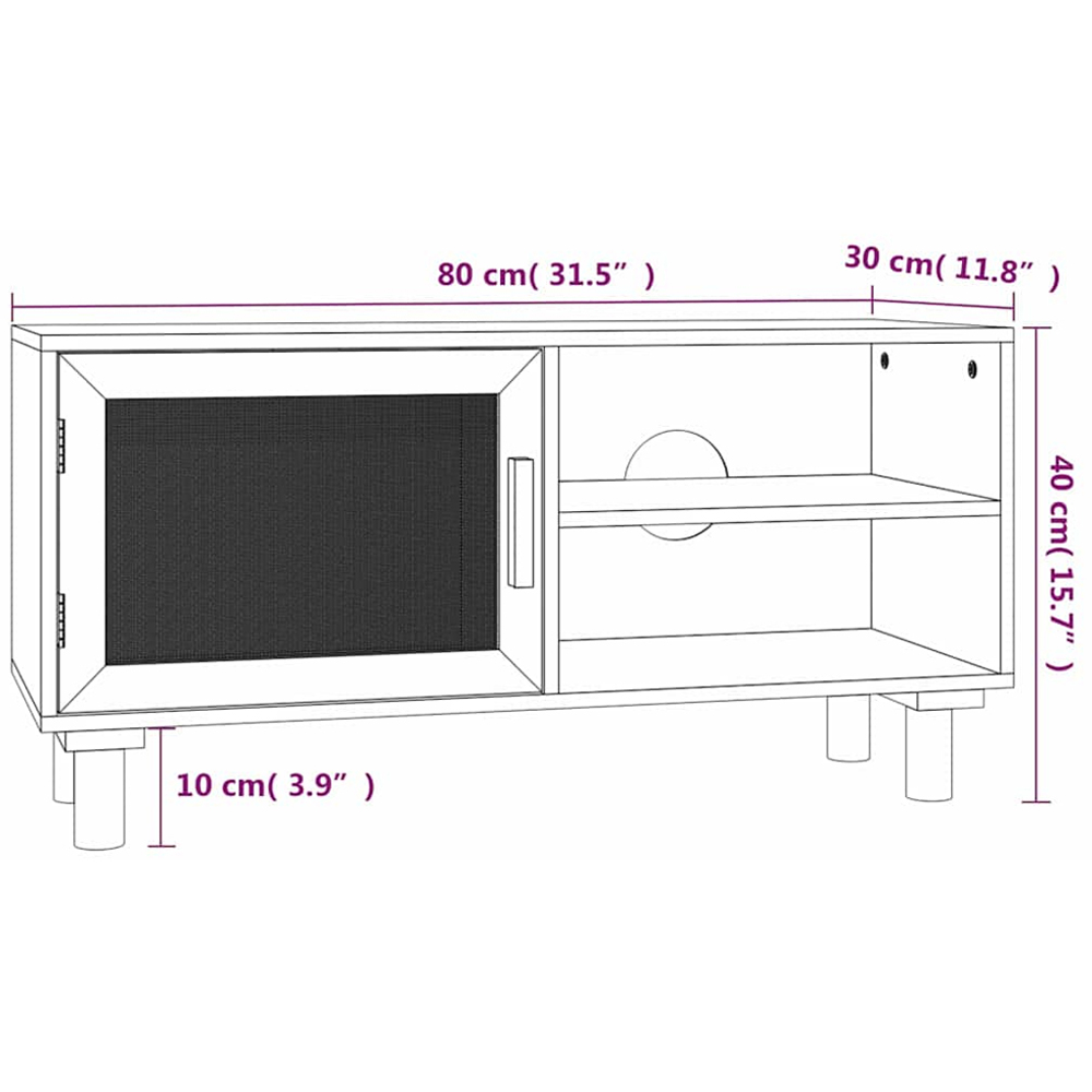 vidaXL Single Door 2 Shelf Brown Solid Pine Wood and Natural Rattan TV Cabinet with Cable Hole Image 8