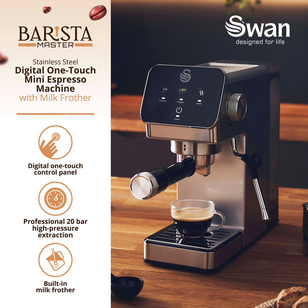 Swan Barista Master Black 1.2L Digital Mini Espresso Coffee Maker with Milk Frother Image 3