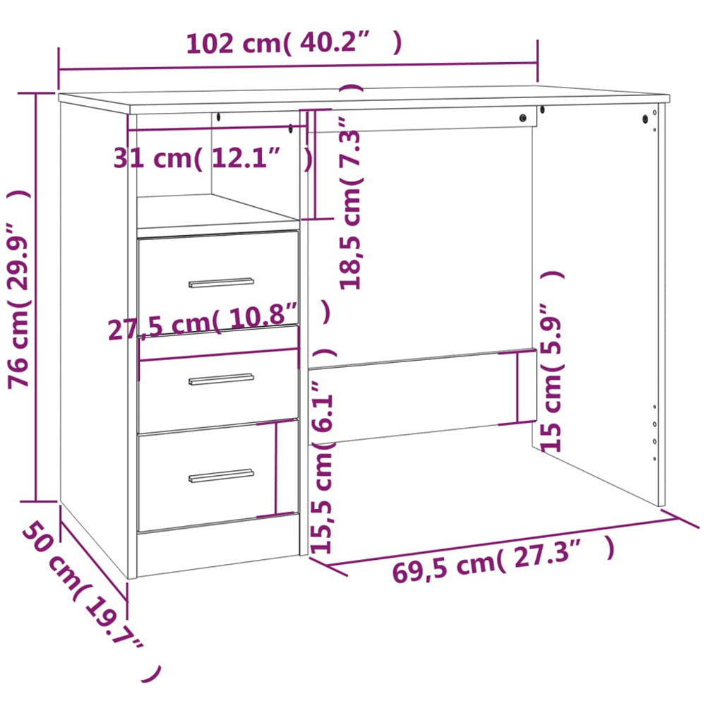vidaXL 3 Drawer Single Shelf Computer Desk White Image 9