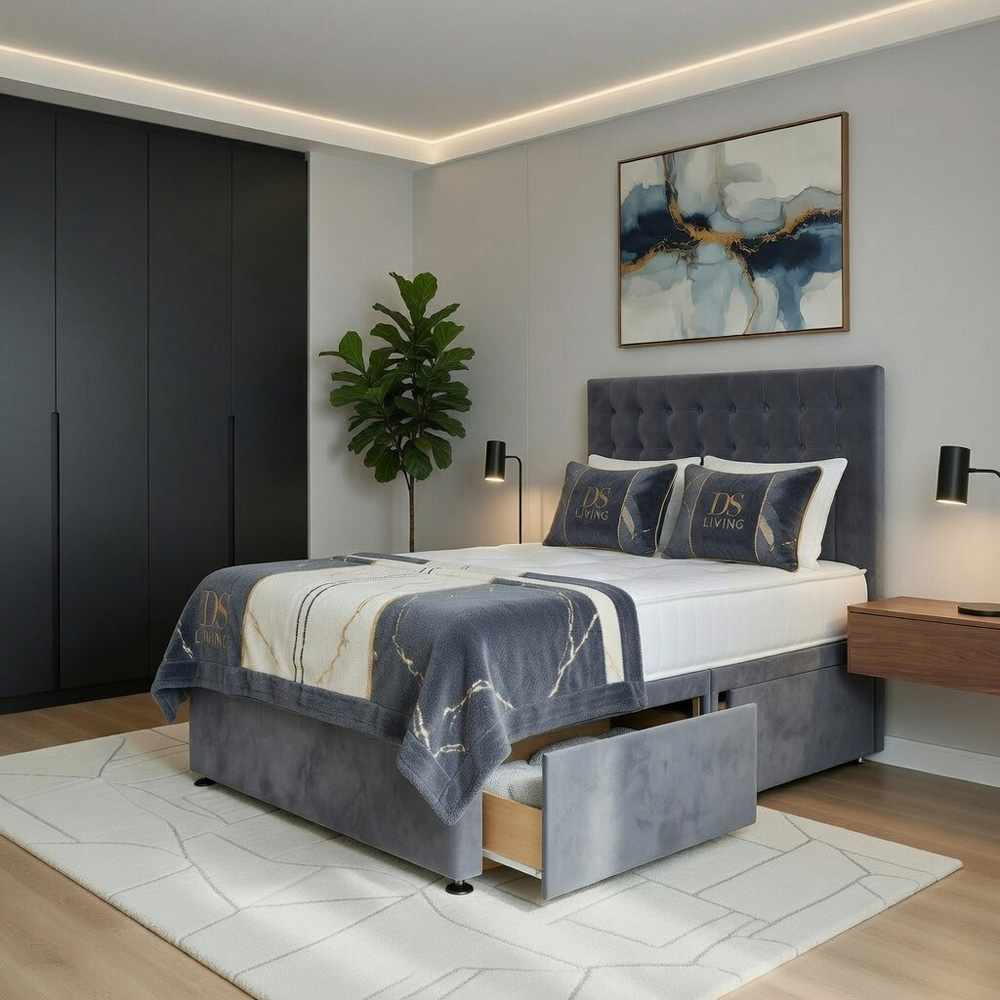 DS Living Casia Super King Size Grey Plush Velvet Divan Bed with 4 Drawer Image 4