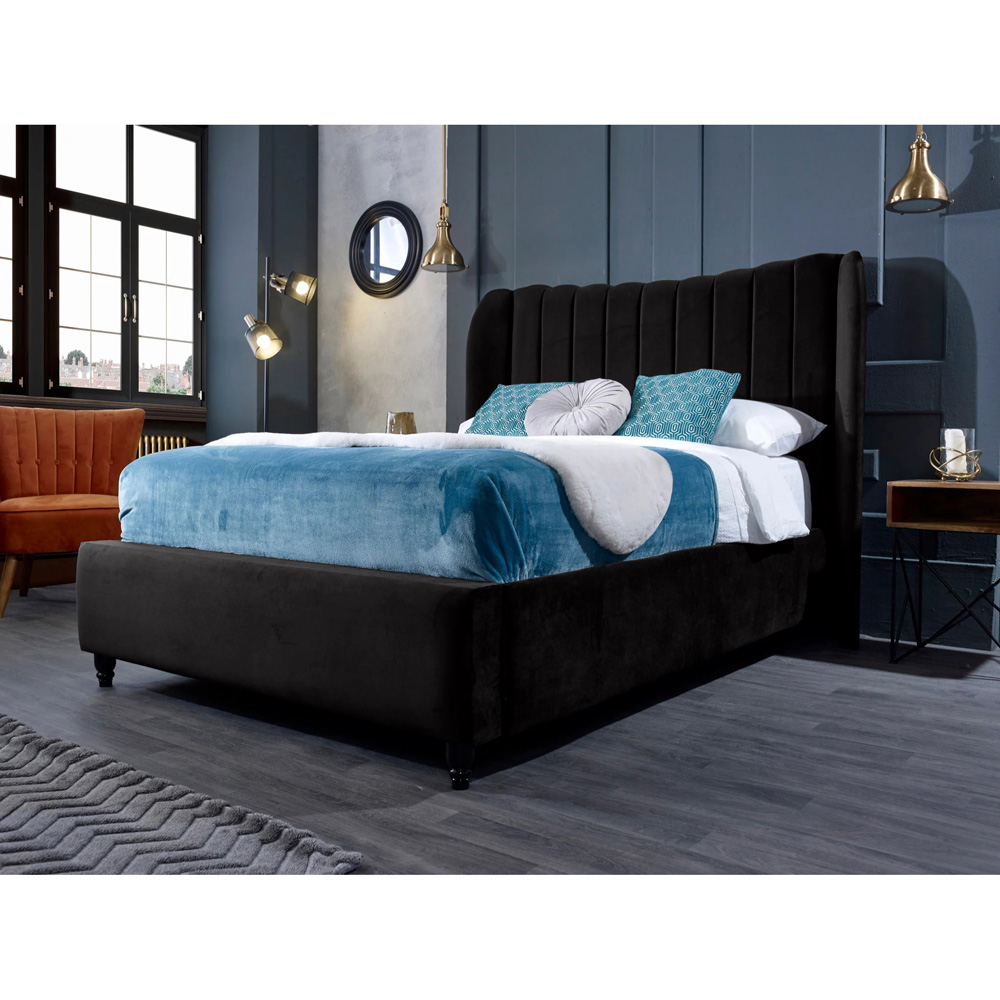 Eleganza Home Carli King Size Black Plush Velvet Bed Frame with Lined Headboard Image 2