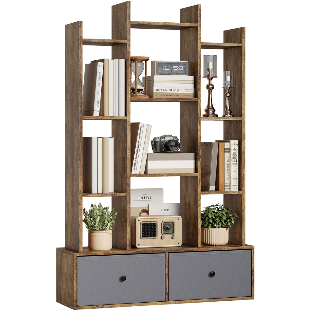 Portland 2 Drawer 12 Shelf Rustic Brown Bookcase Image 2