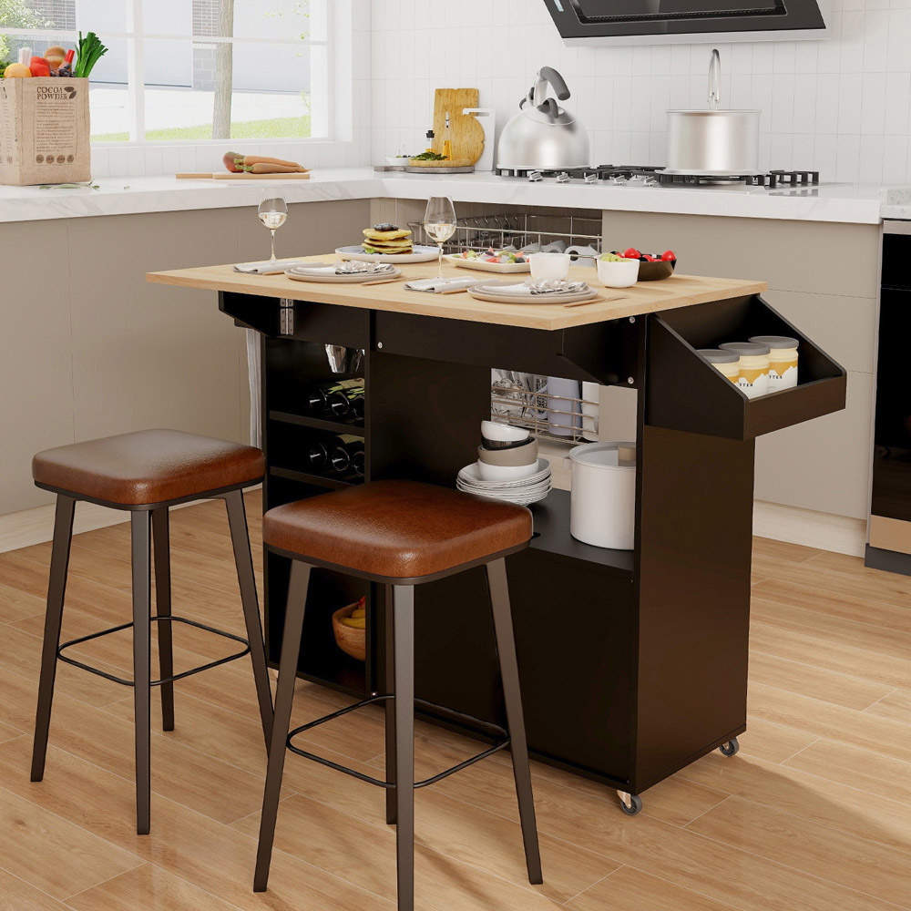 Costway 2 Door Single Drawer Black Mobile Drop Leaf Kitchen Island Cart with Wine Rack Image 4