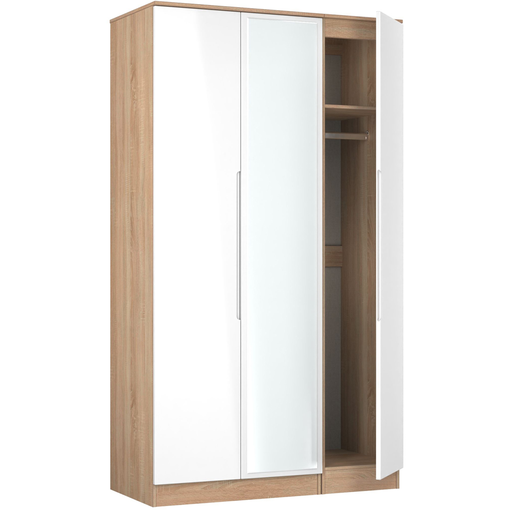 Crowndale Milan 3 Door White Gloss and Bardolino Oak Tall Mirrored Wardrobe Ready Assembled Image 7