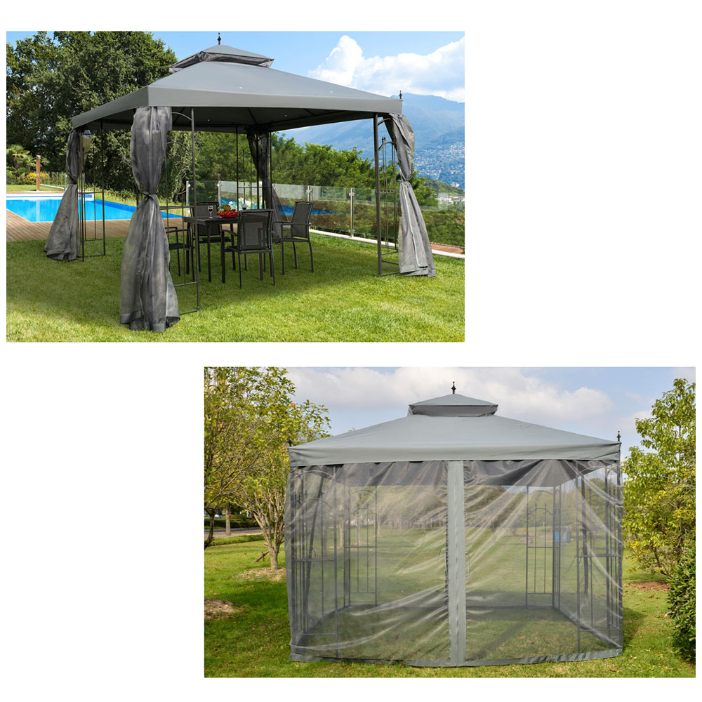 Outsunny 3 x 3m Sun Grey Double Top Gazebo with Mesh Curtains Image 5