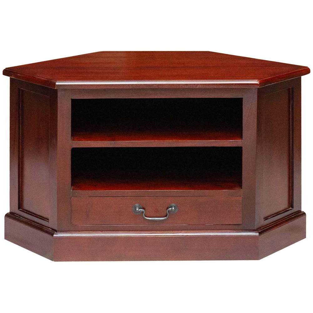 vidaXL Single Drawer 2 Shelf Brown Solid Mahogany Wood Corner TV Cabinet Image 5