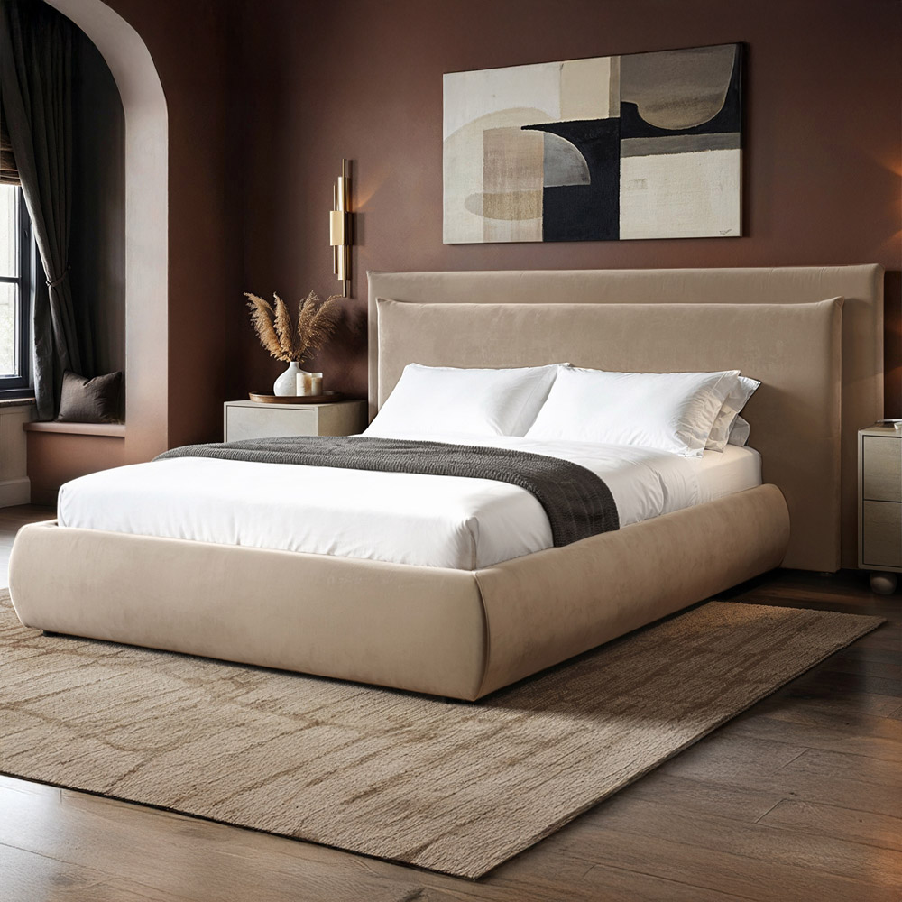 Solace+Co Sigrid King Size Sand Velvet Ottoman Storage Bed Image 1