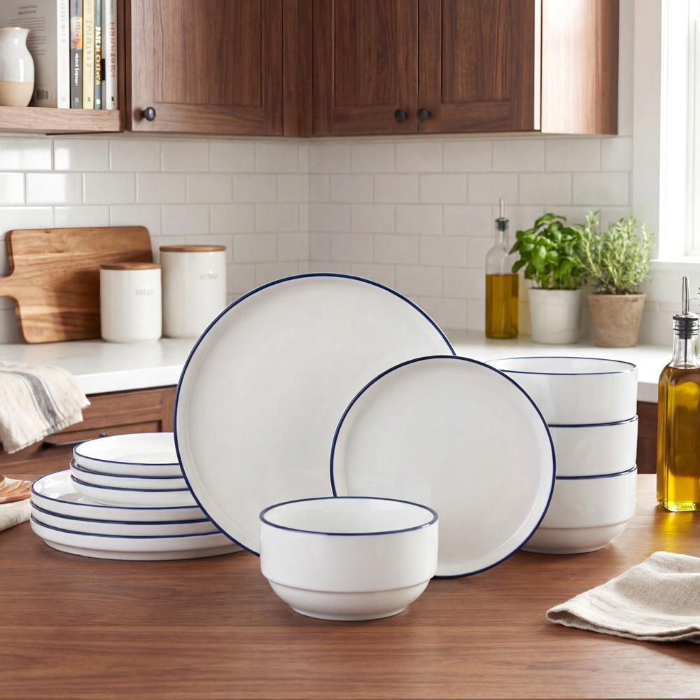 Waterside Blue Rim White Stackable 12 Piece Dinner Set Image 2