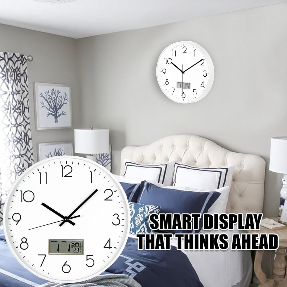 ATEK White Silver Silent Digital Wall Clock with Date Day and Temperature Display 30cm Image 3