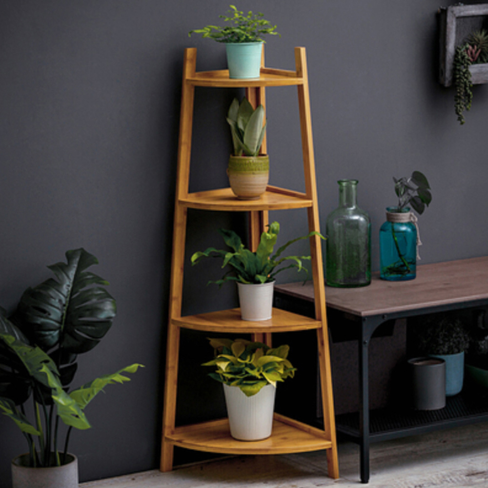 Living and Home Natural 4 Tier Corner Ladder Shelf for Plant Image 5