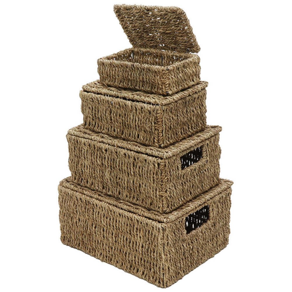 JVL Seagrass Rectangular Storage Baskets with Lids Set of 4 Image 1