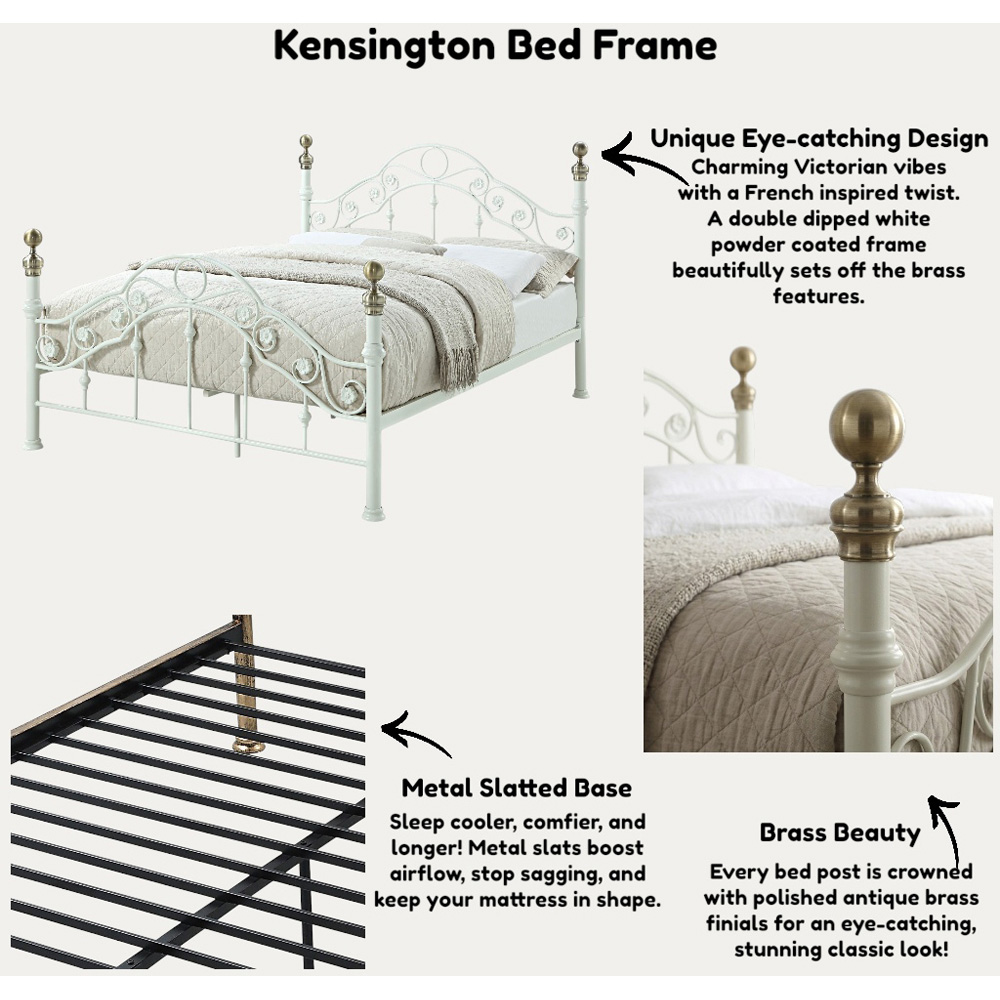 OAT Home Kensington King Size White and Brass Metal Bed Frame Image 8