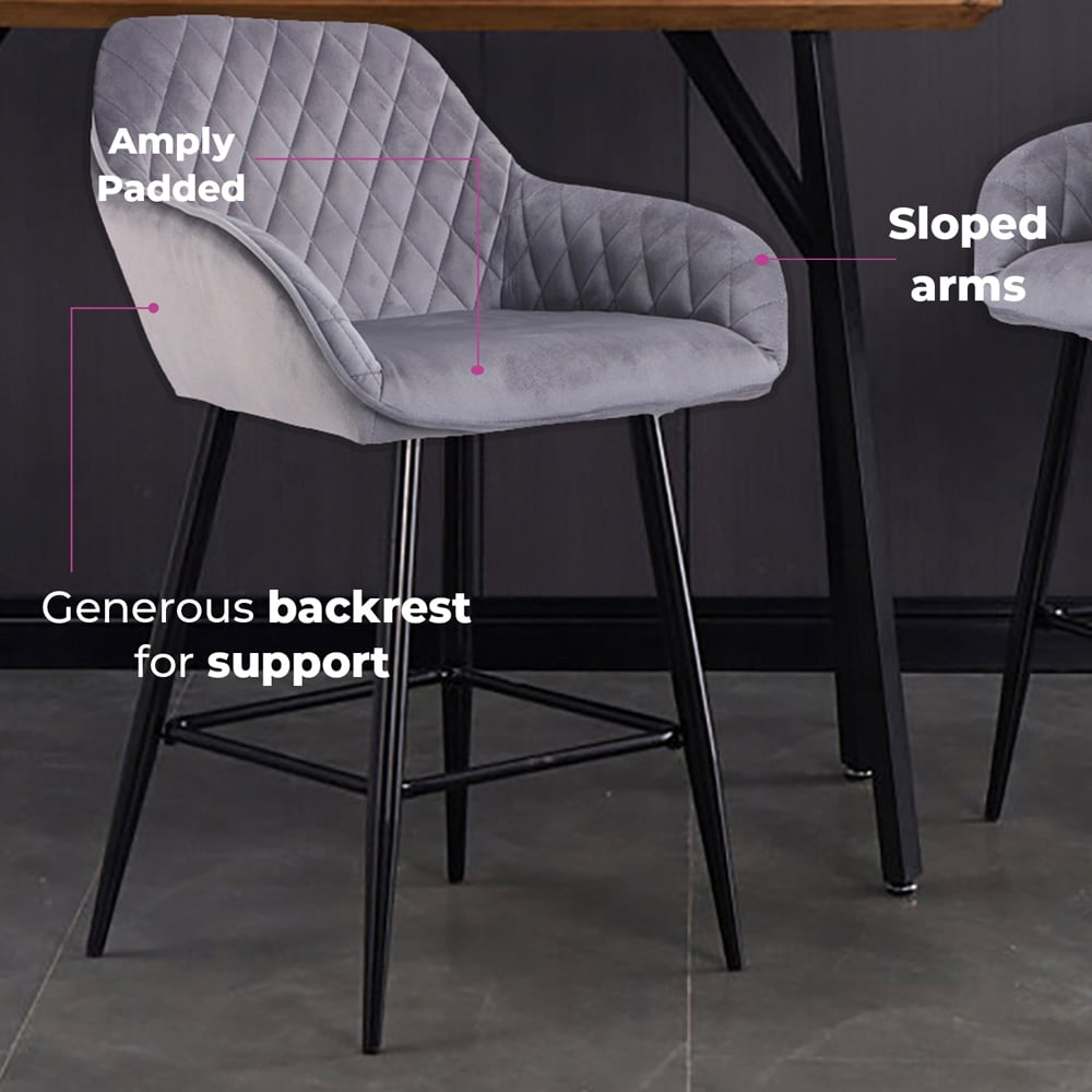 Neo Dark Grey Crushed Velvet Diamond Quilted Bar Stool Set of 2 Image 7