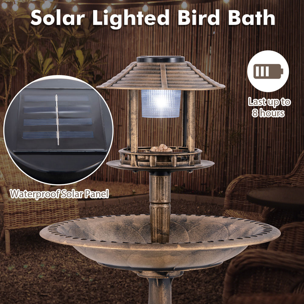 Costway Antique Solar LED Bird Bath with Flower Planter Image 4