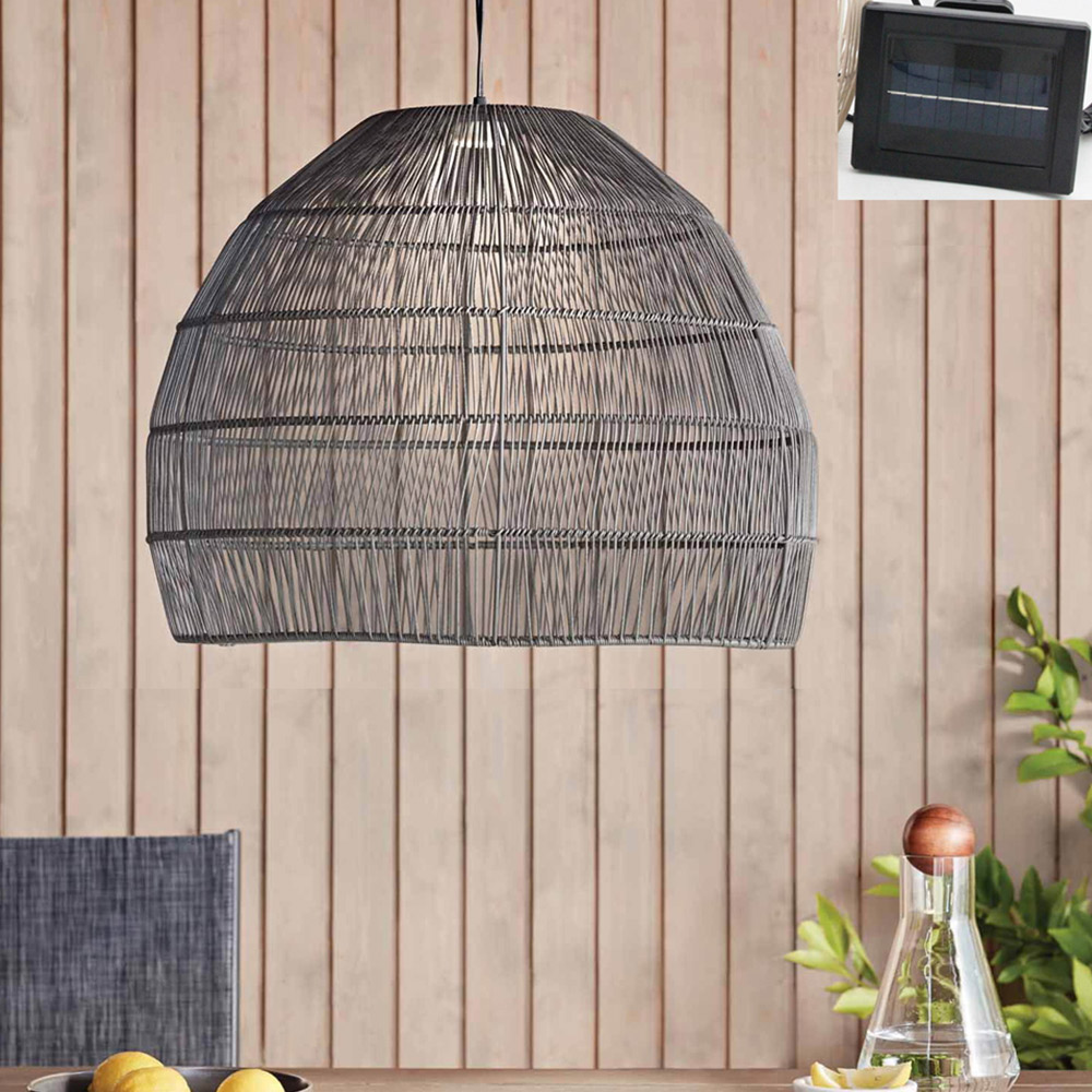 Callow Outdoor Solar LED Pendant Light with Grey Rattan Effect Shade White Image 4