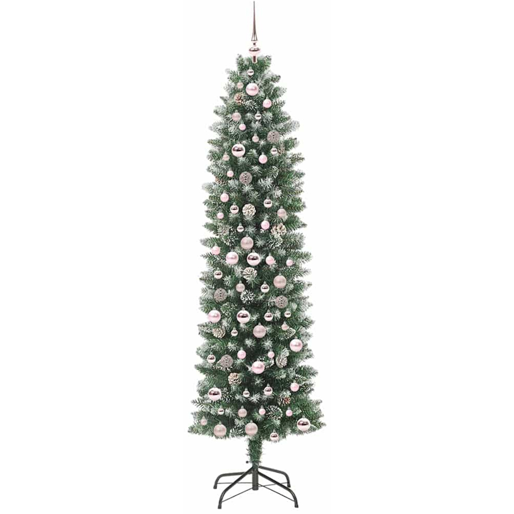 vidaXL Pre-Lit Warm White LED and Pink Baubles Green Slim Artificial Christmas Tree 7ft Image 2