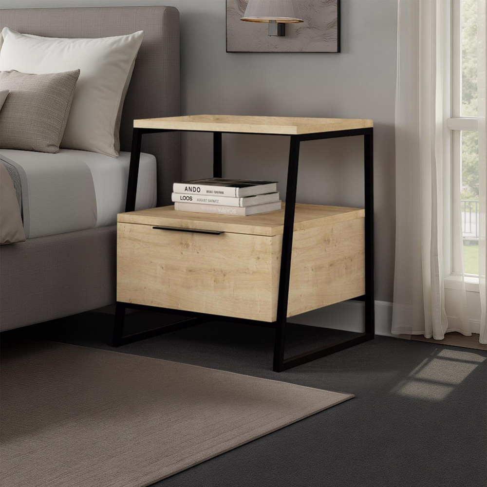 FWStyle Pal Single Door Single Shelf Oak Bedside Table Image 5