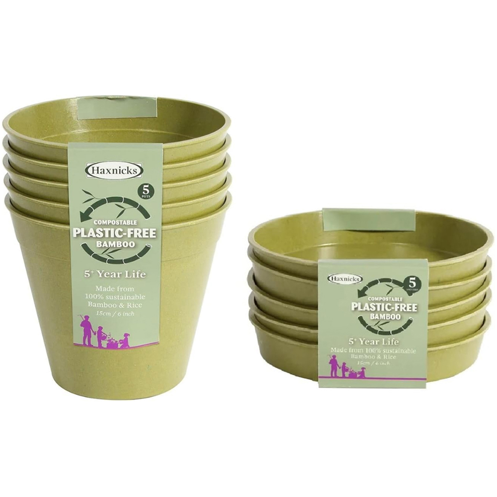 Garden Gear Sage Green Bamboo Pot with Saucer 15cm 5 Pack Image 1