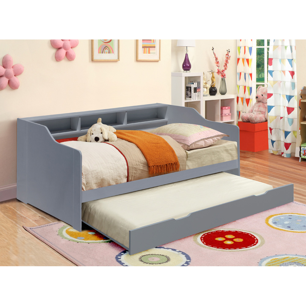 Comfy Living Single Caramel Wooden Bed with Trundle and Shelves Image 3