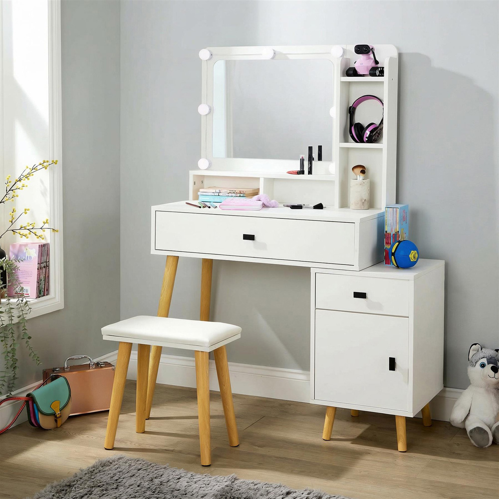 Home Source Forta Single Door 2 Drawer White Vanity Table and Stool Set with Light-Up Mirror Image 6