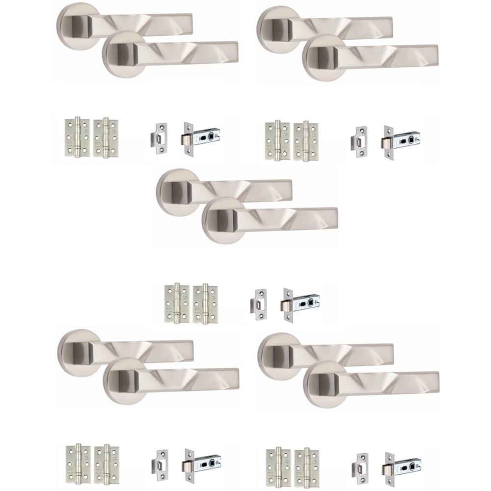 Golden Grace Satin Nickel Modern Nova Door Handle Set 5 Pack Image 1
