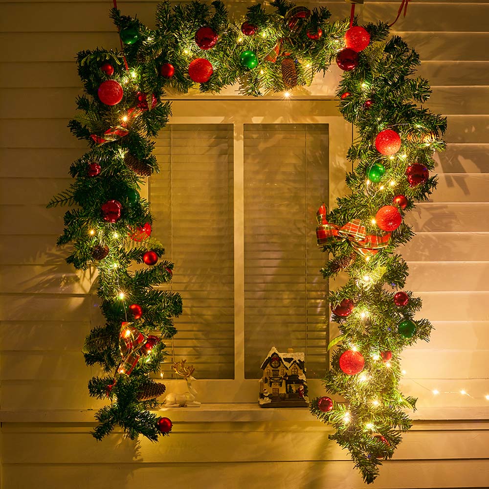 Living and Home Christmas Garland with Red Baubles Bow and Pinecones 270cm Image 2