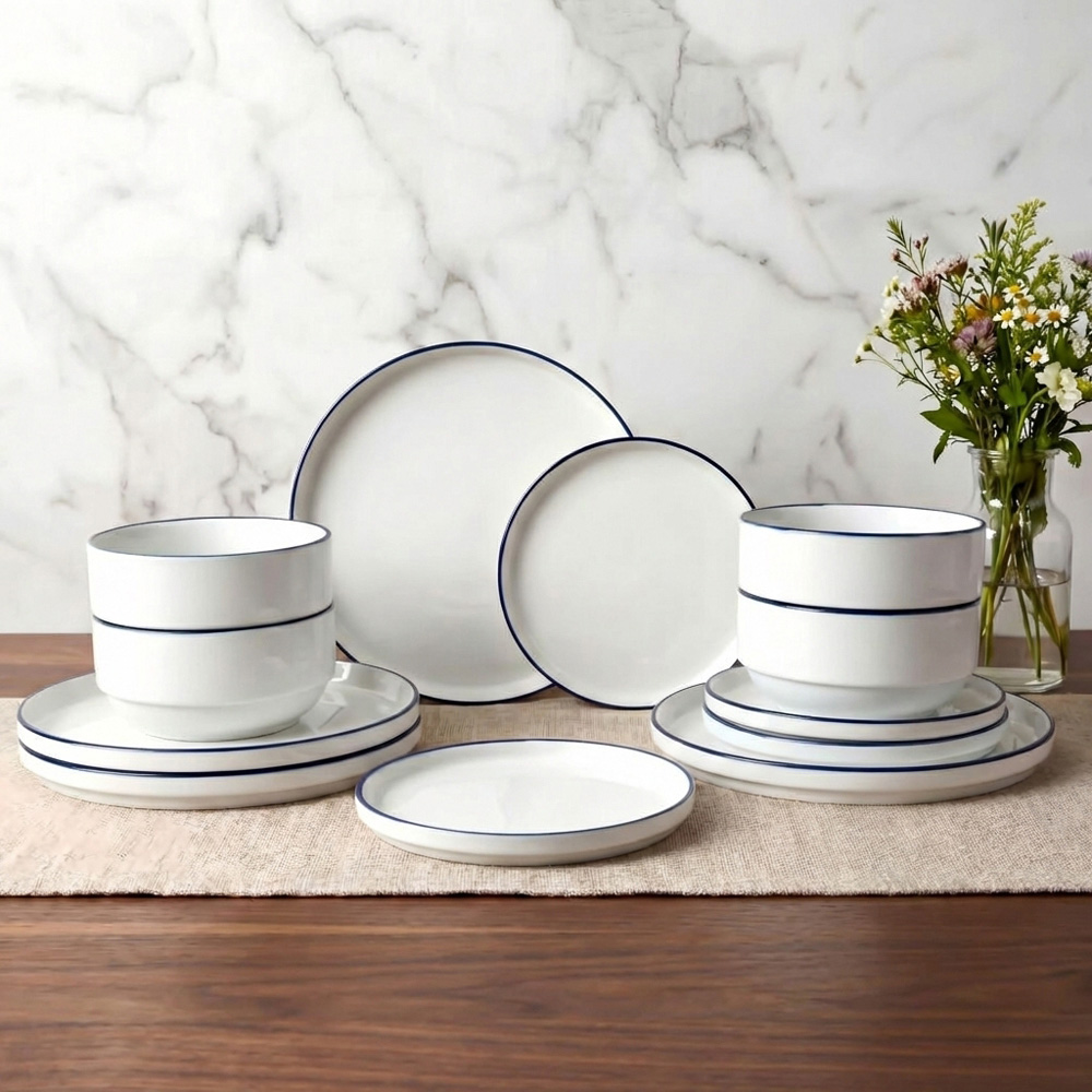 Waterside Blue Rim White Stackable 12 Piece Dinner Set Image 7