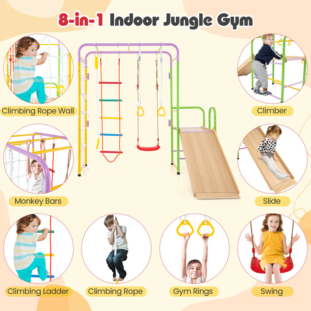 Costway Colourful 8-in-1 Indoor Jungle Gym Metal Climbing Play Set Image 6