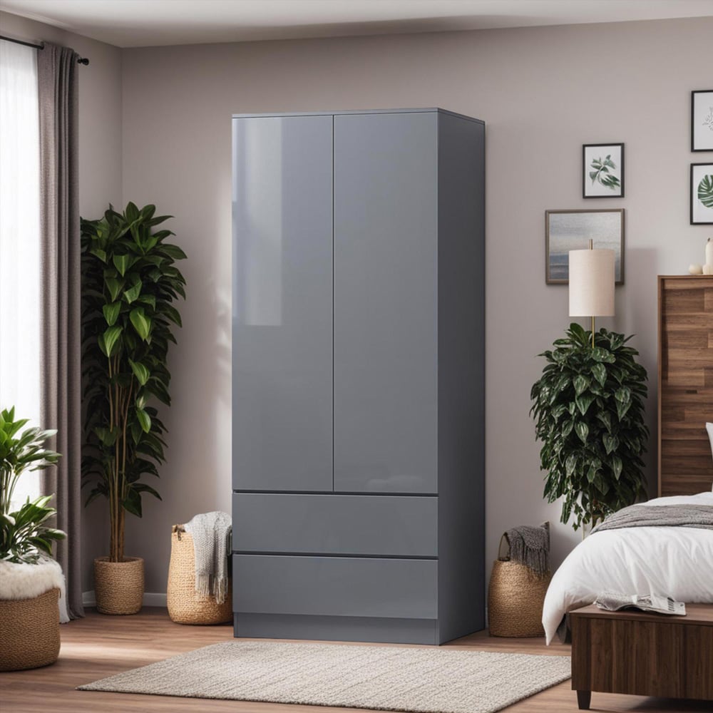 FWStyle Stora 2 Door 2 Drawer Grey Gloss Wardrobe Image 4