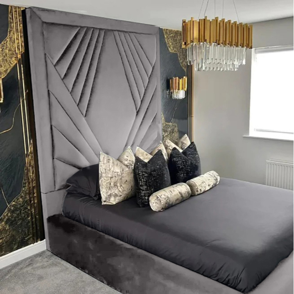 Eleganza Home Solia Double Silver Plush Velvet Bed Frame with Headboard Image 2