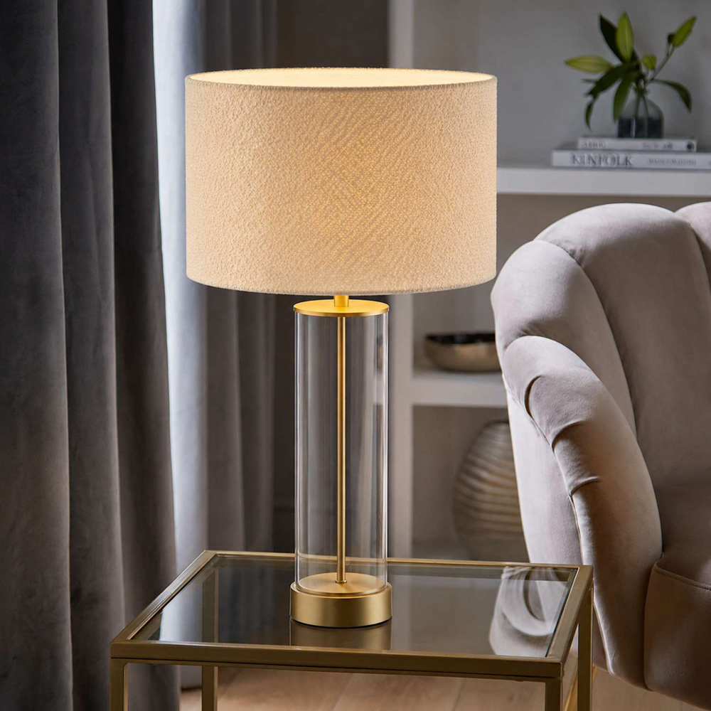ValueLights Balan Cream Boucle Fabric Shade Gold Trim Glass Table Lamp with Bulb Image 6