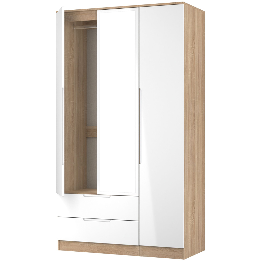 Crowndale Milan 3 Door 2 Drawer White Gloss Bardolino Oak Tall Mirrored Wardrobe Ready Assembled Image 6