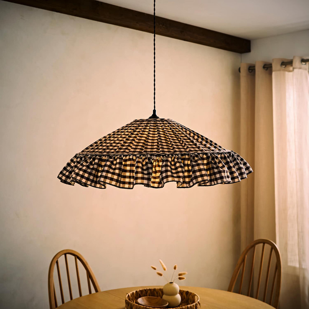 ValueLights Wren Brown Gingham Patterned Ruffle Skirt Trim Ceiling Shade Image 2