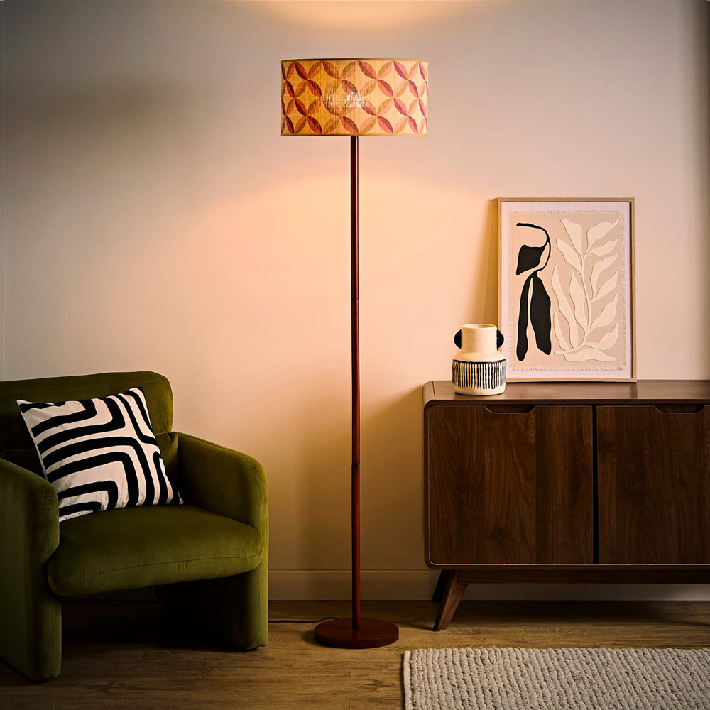 ValueLights Heather Geo Print Bamboo Drum Shade Dark Wood Stem Floor Lamp with Bulb Image 2