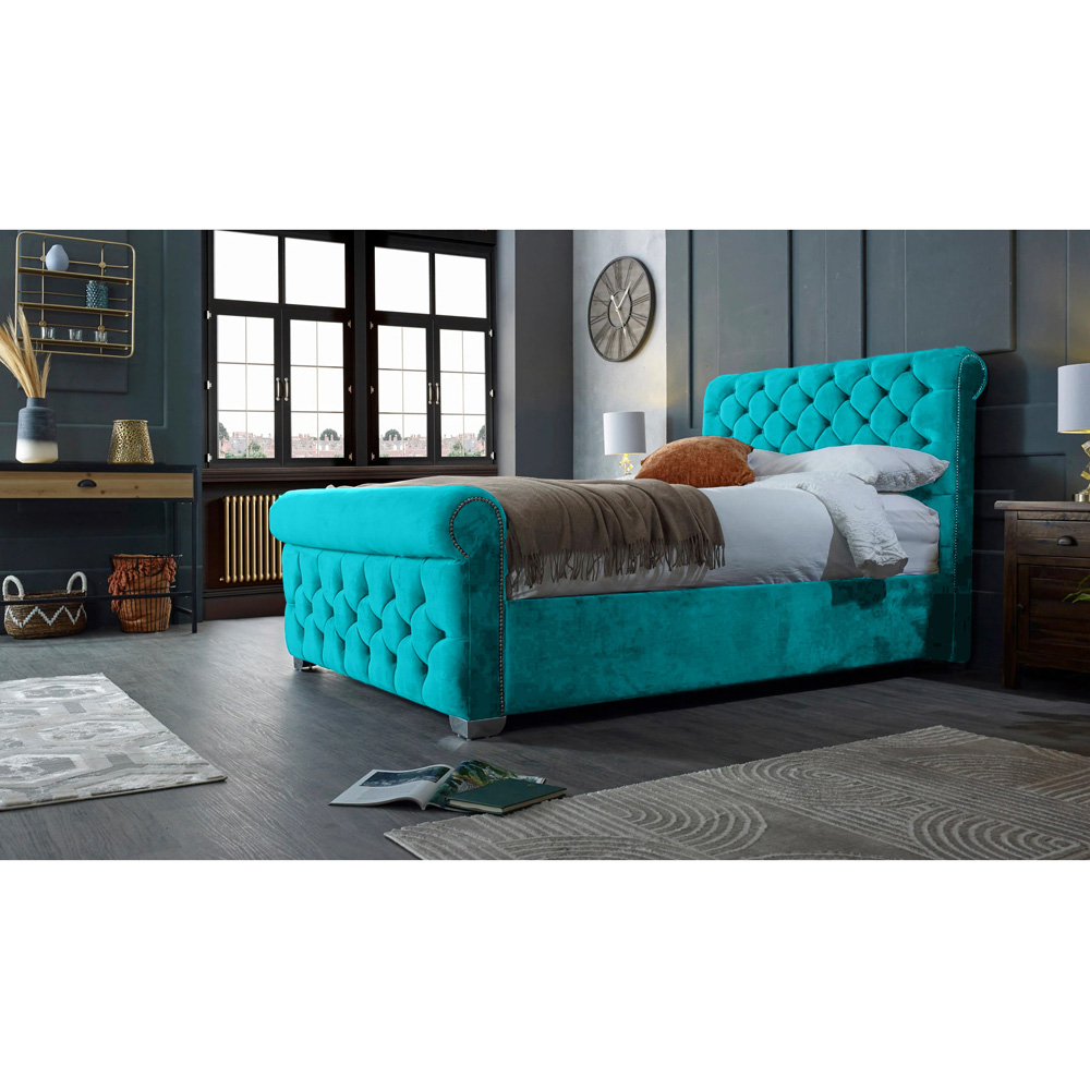 Eleganza Home Veneta Double Teal Plush Velvet Bed Frame with Chesterfield Headboard Image 5