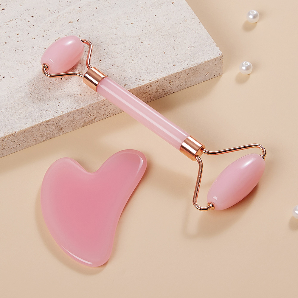 Living and Home Pink Face Roller and Gua Sha Stone Tool Set Image 2