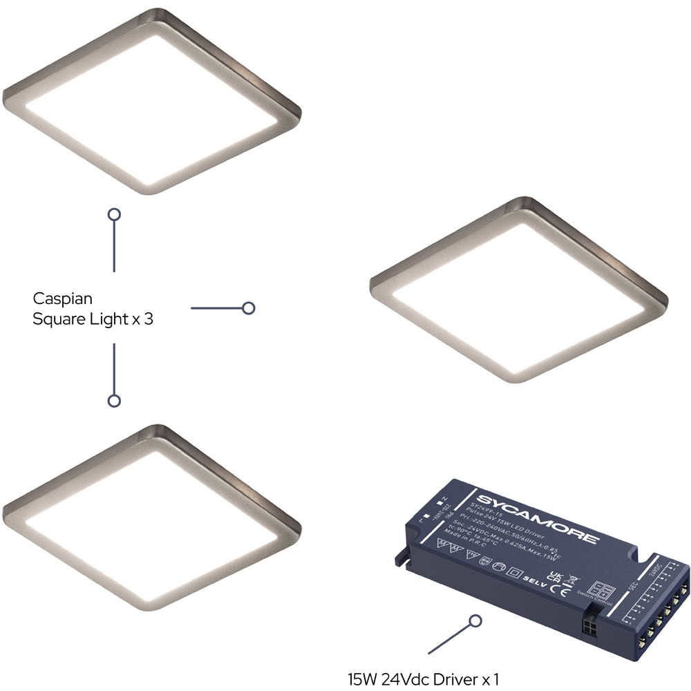 Sorrelis Caspian Aluminium Square Warm White 3 Under Cabinet Light Kit Image 3