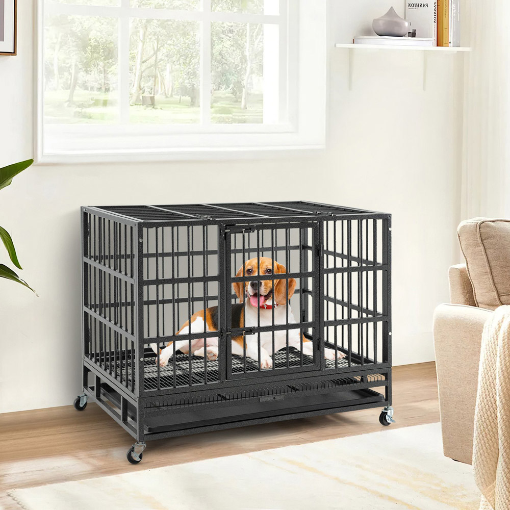 Costway Medium 2 Door Foldable Metal Dog Cage 96cm Image 2