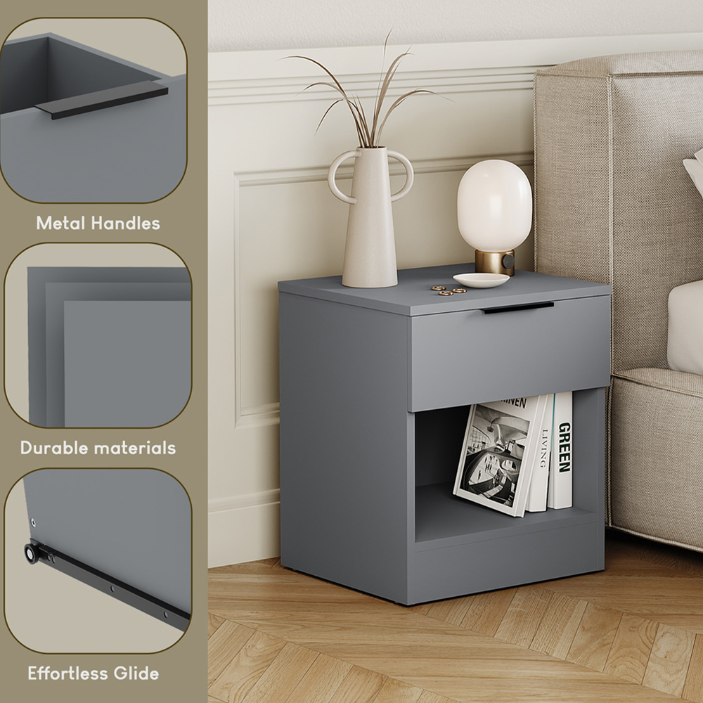 VIDA DESIGNS Terga Single Drawer Single Shelf Grey Bedside Cabinet Image 7