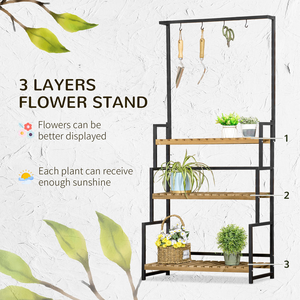 Outsunny 3-Tier Wood and Metal Plant Stand with Top Hooks Image 7