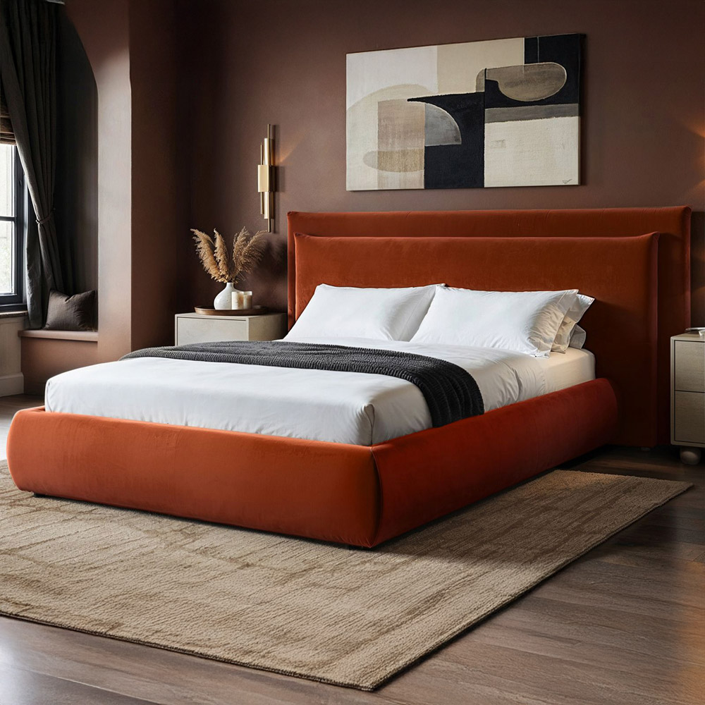 Solace+Co Sigrid Double Burnt Orange Velvet Ottoman Storage Bed Image 1