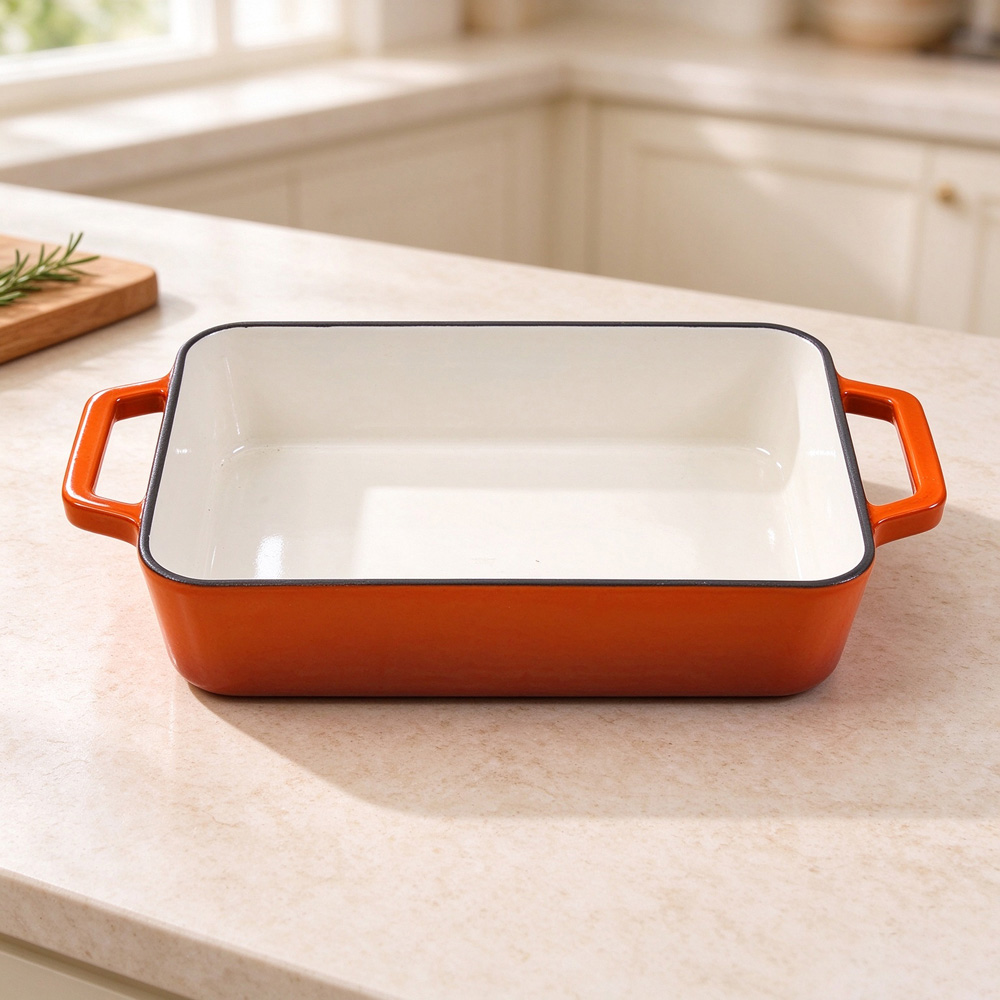 Living and Home 3.2L Orange Enamelled Cast Iron Rectangular Baking Dish Image 2
