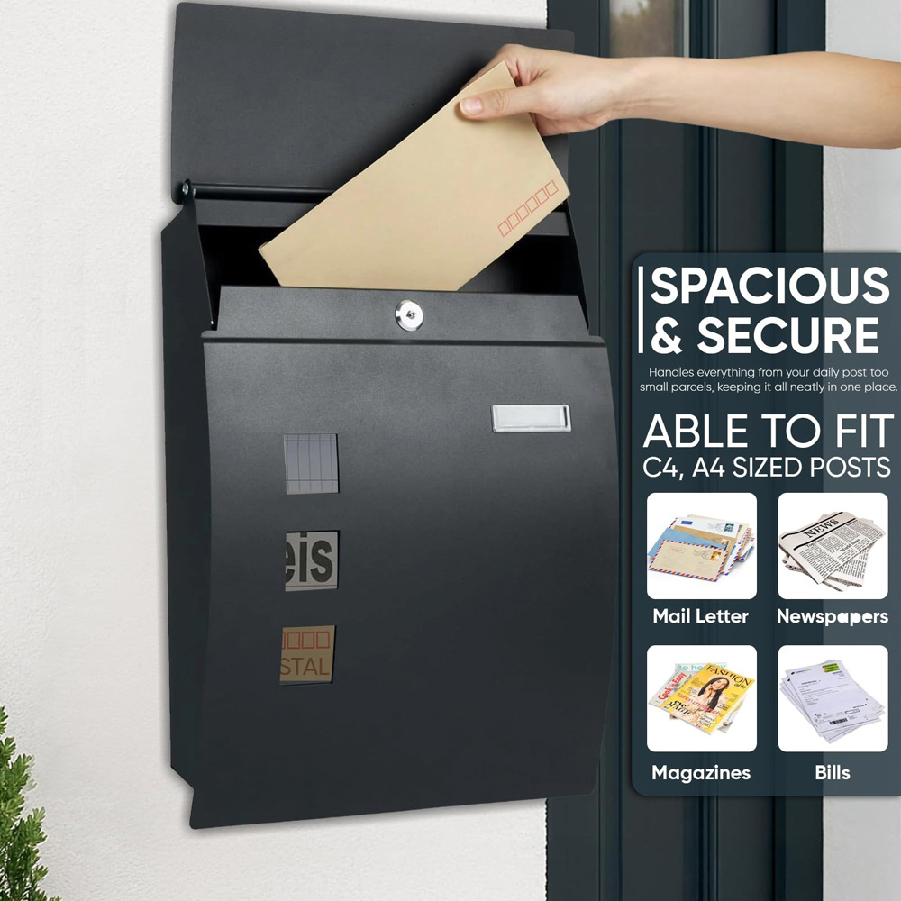ATEK Black Steel Large Wall-Mounted Lockable Letterbox with 2 Keys Image 4
