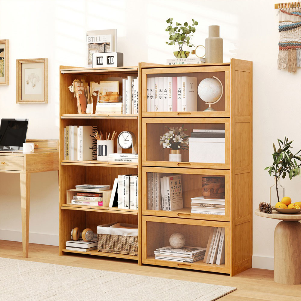 Costway 4 Shelf Natural Bamboo Bookcase with Acrylic Doors Image 4